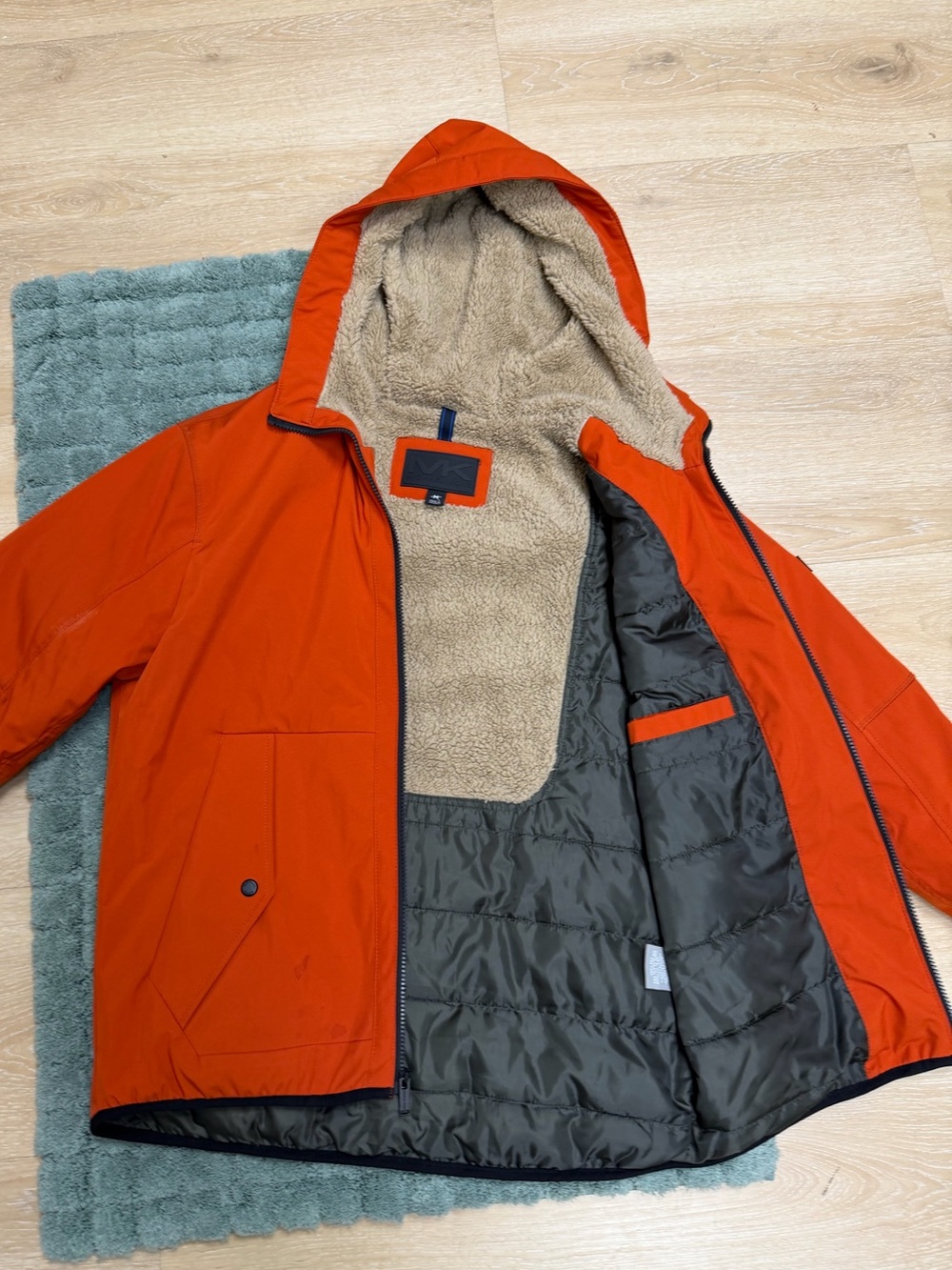 Michael Kors Men's Hooded Puffer Jacket in Orange with Sherpa Lining